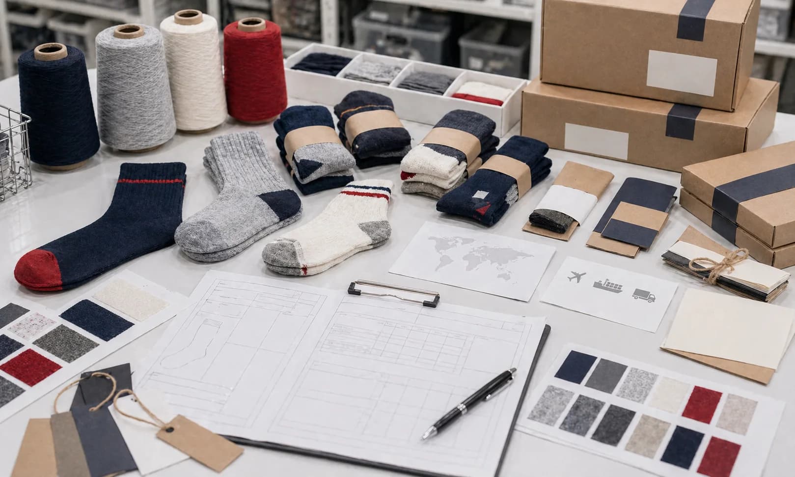 Production RFQ handoff visual with product, quantity, packaging, destination, and timeline lanes