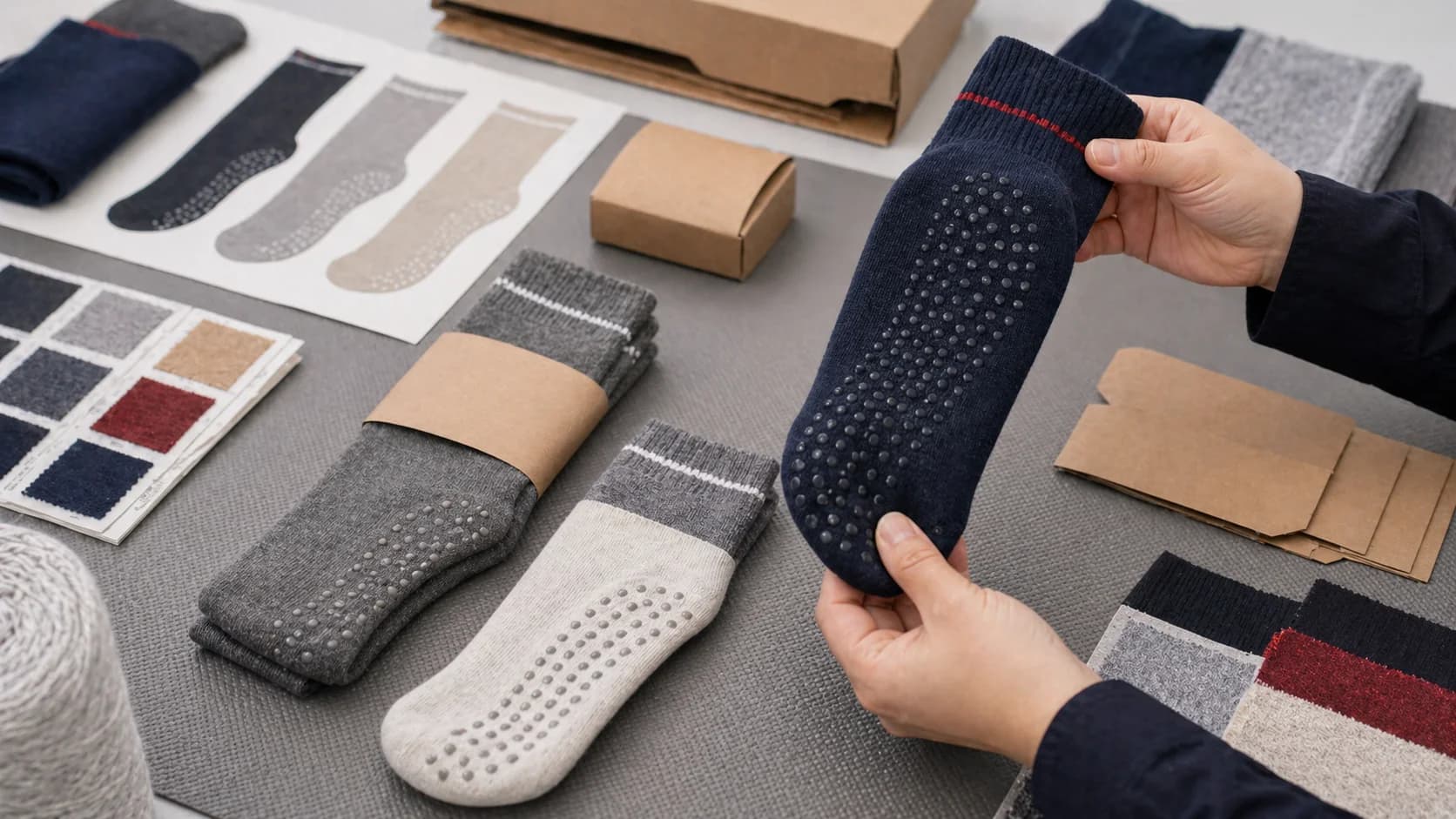 Studio grip sock board with sole grip dots, folded pairs, and mat-like performance context
