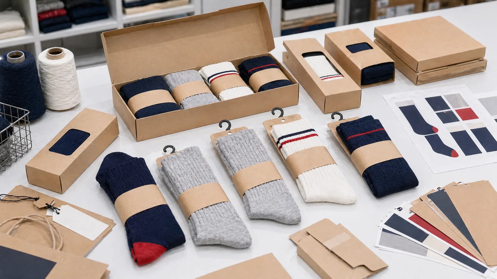 Private label packaging system showing socks, bands, hang tags, and carton inserts