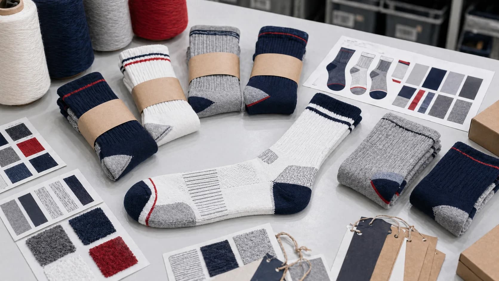 Sport sock performance board with rib zones, compression cues, and athletic stripes