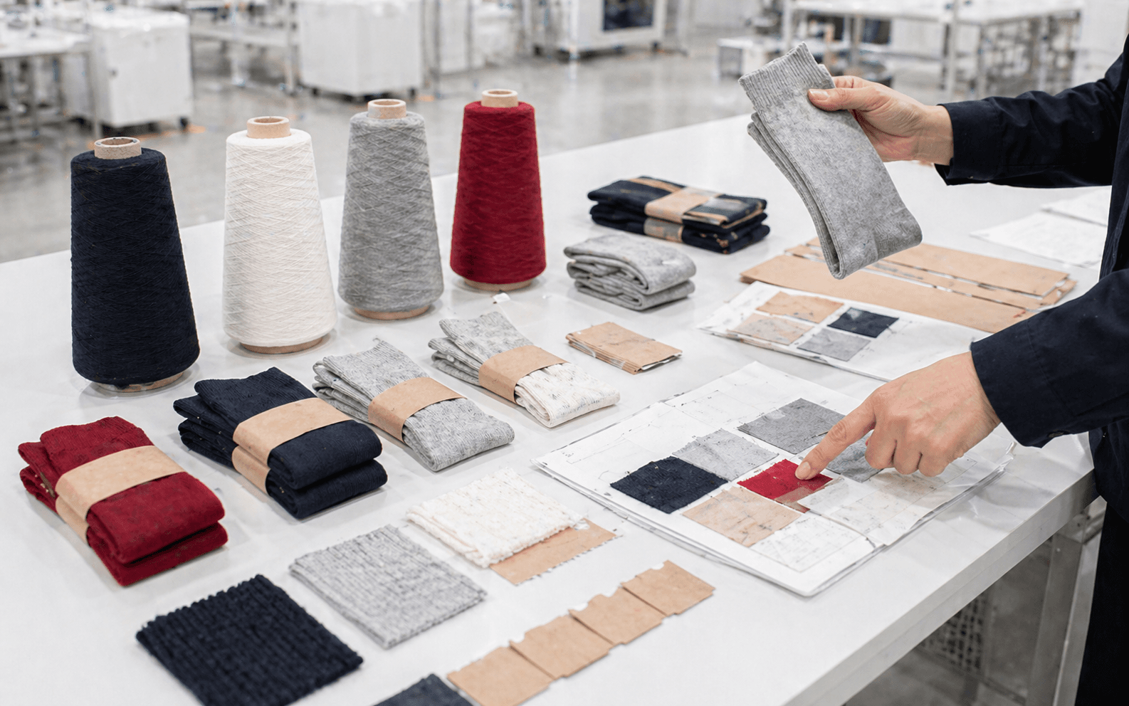 Buyer review desk with sock samples, materials, and references used for size and fit planning