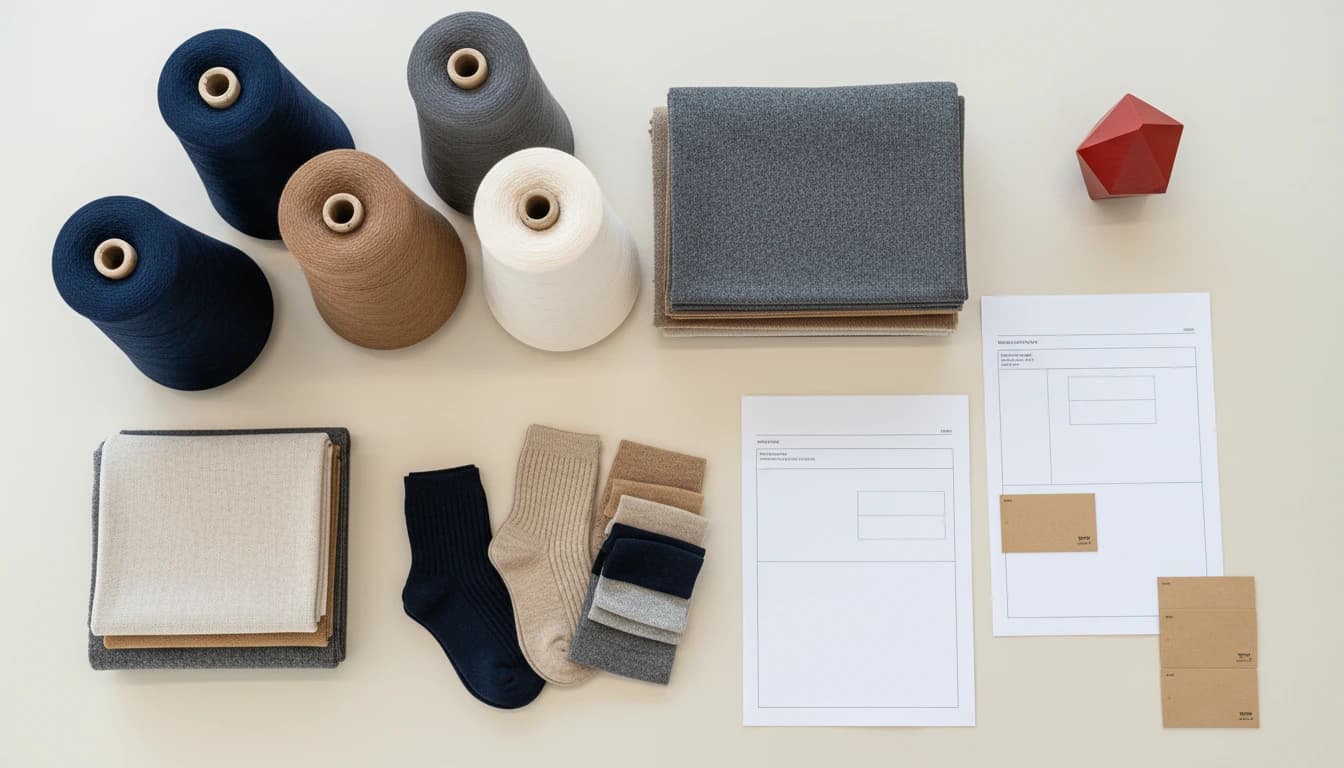 Material cards and yarn cones arranged for sourcing review