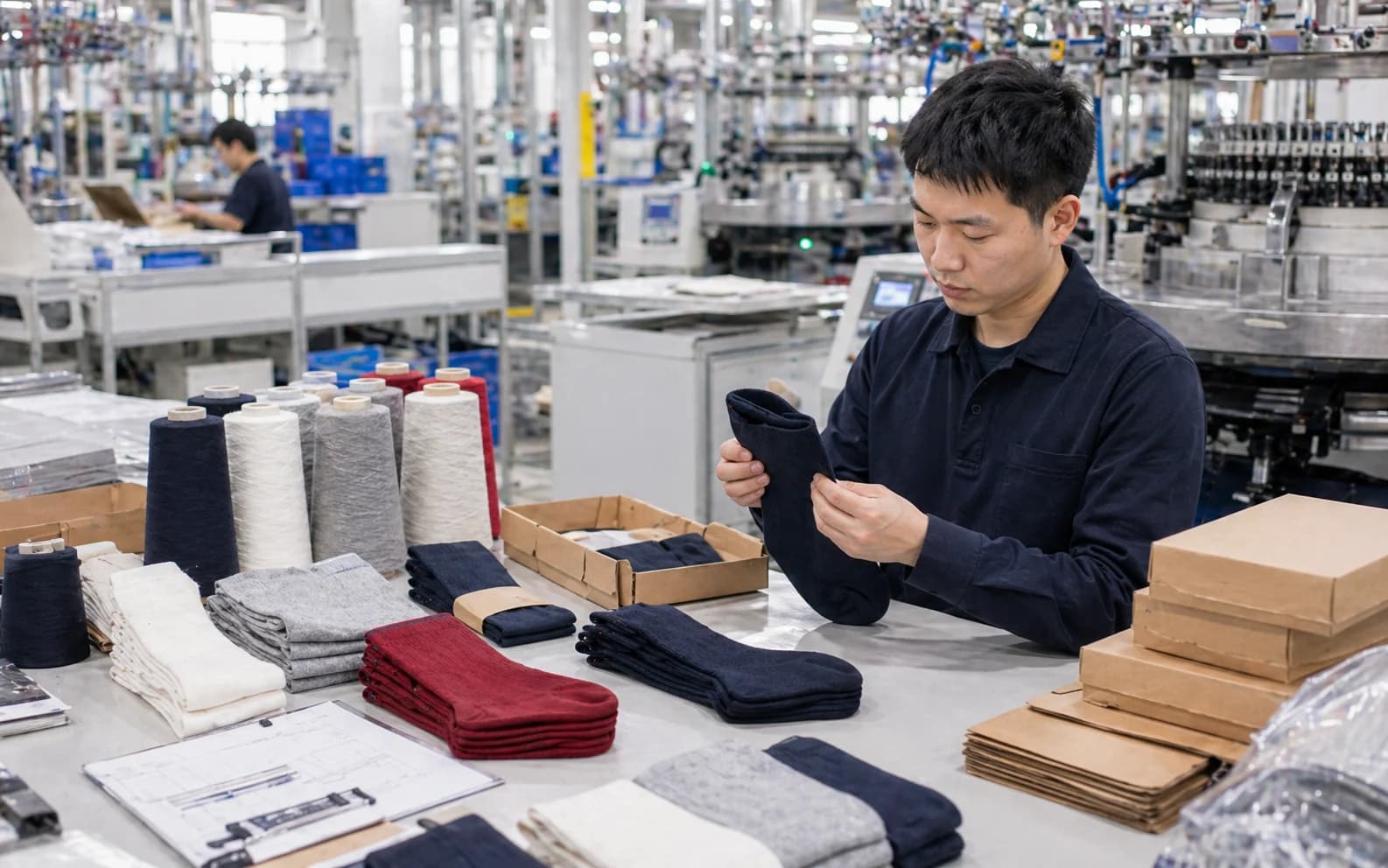 Product review scene with sock samples, yarn, cartons, and inspection context