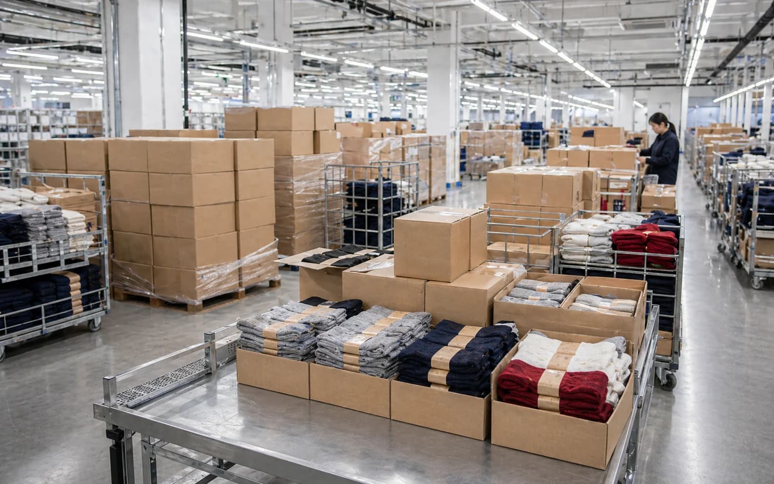 Pack-out planning scene with cartons, staged sock bundles, and shipment-ready context