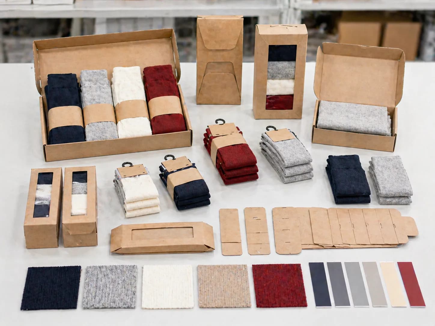 Folded socks arranged in retail-ready kraft packaging
