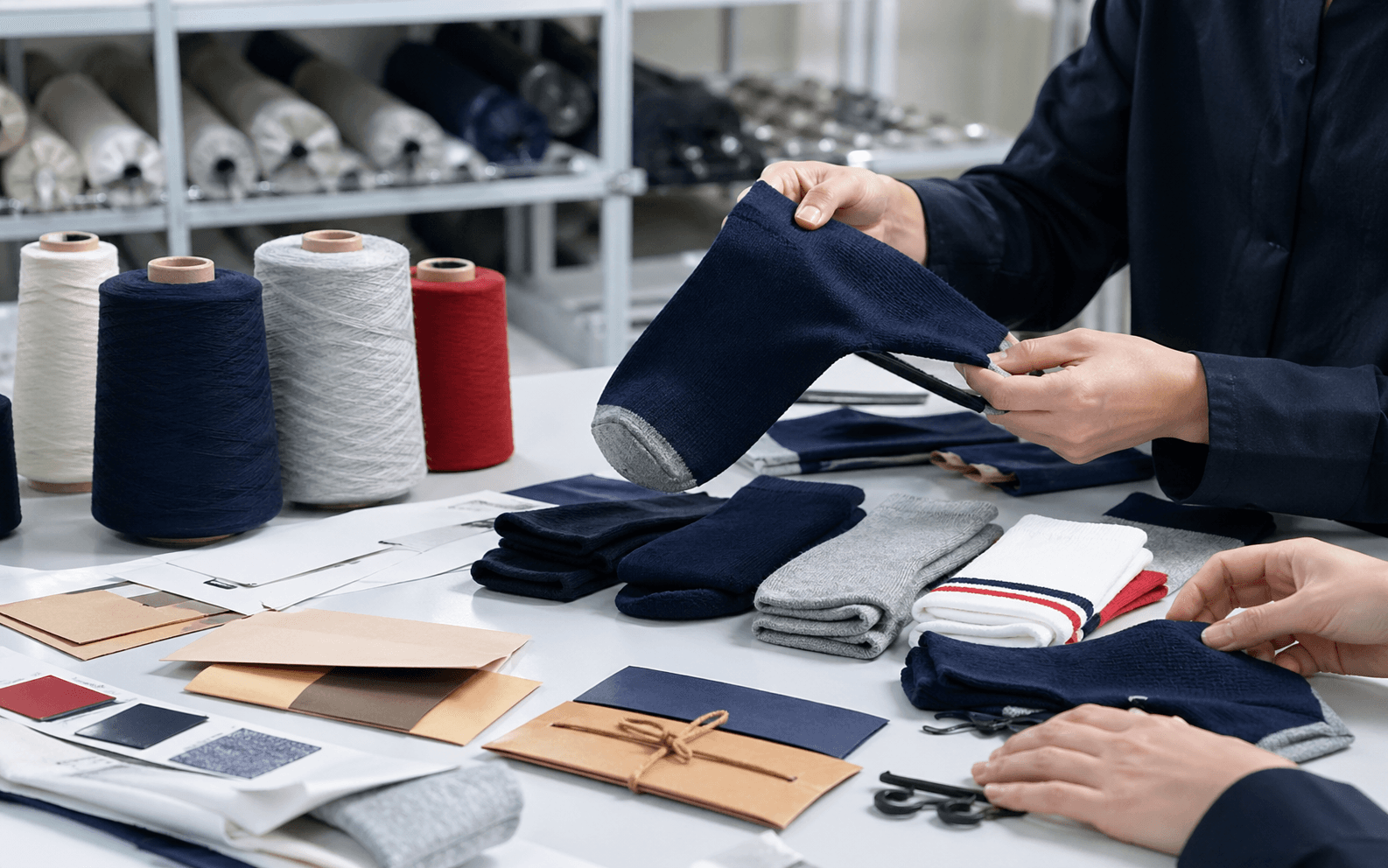 Socks, yarn, and packaging references used for commercial program planning