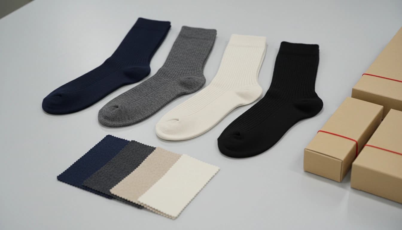 Refined dress sock lineup with fine rib knit, tonal swatches, and minimal packaging blocks