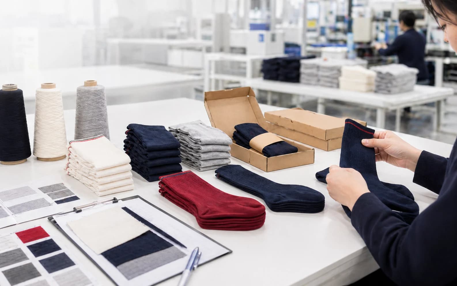 Documentation-scoped review table with sock samples, blank sheets, swatches, and packaging