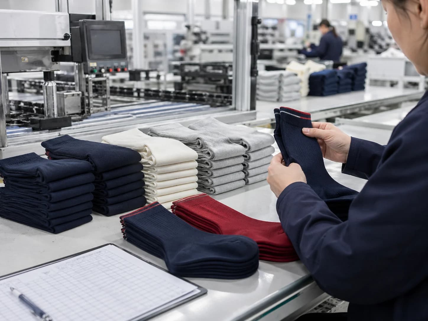 Quality review scene with sock inspection, product stacks, and equipment context