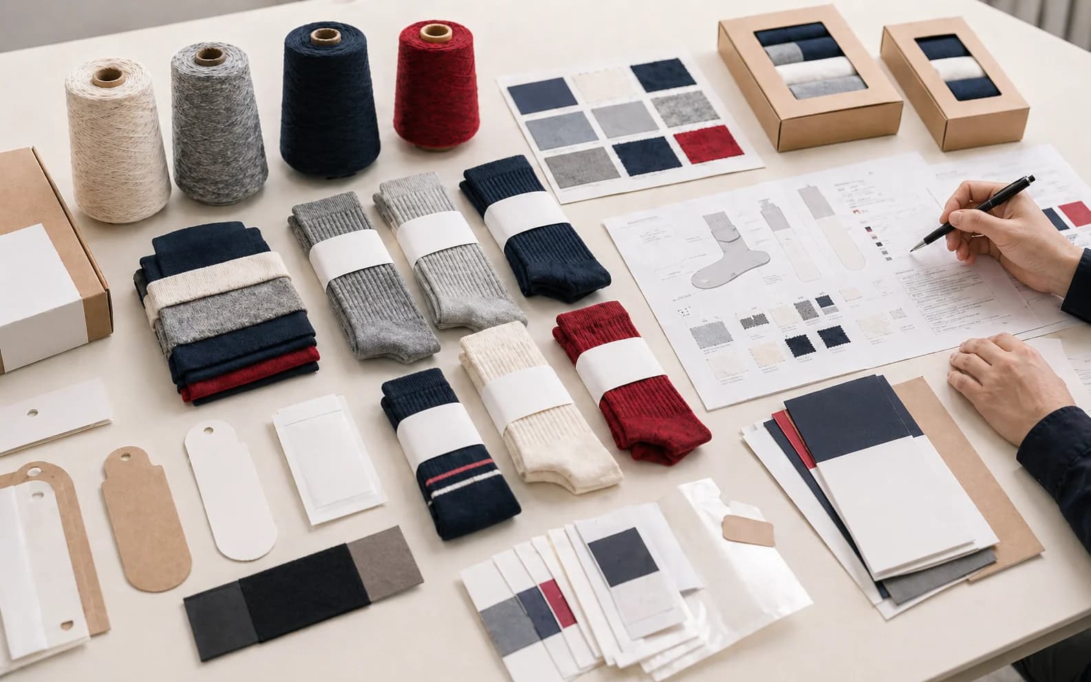 Product system board with grouped socks, yarn cones, blank tags, swatches, and packaging formats